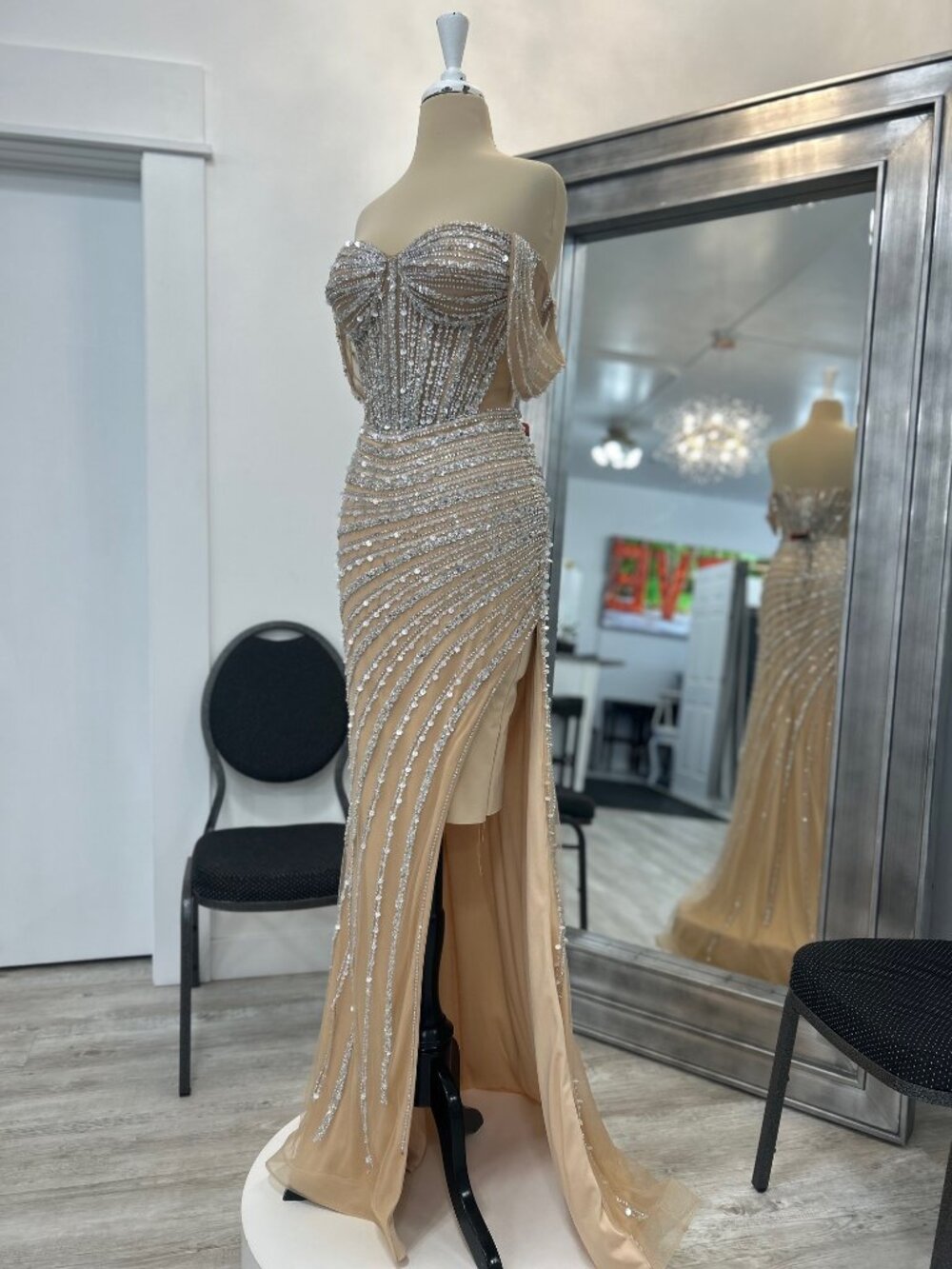 Clarisse 811106 Nude Silver Beaded Prom Pageant Evening Gown Multiple Sizes - Picture 5 of 8